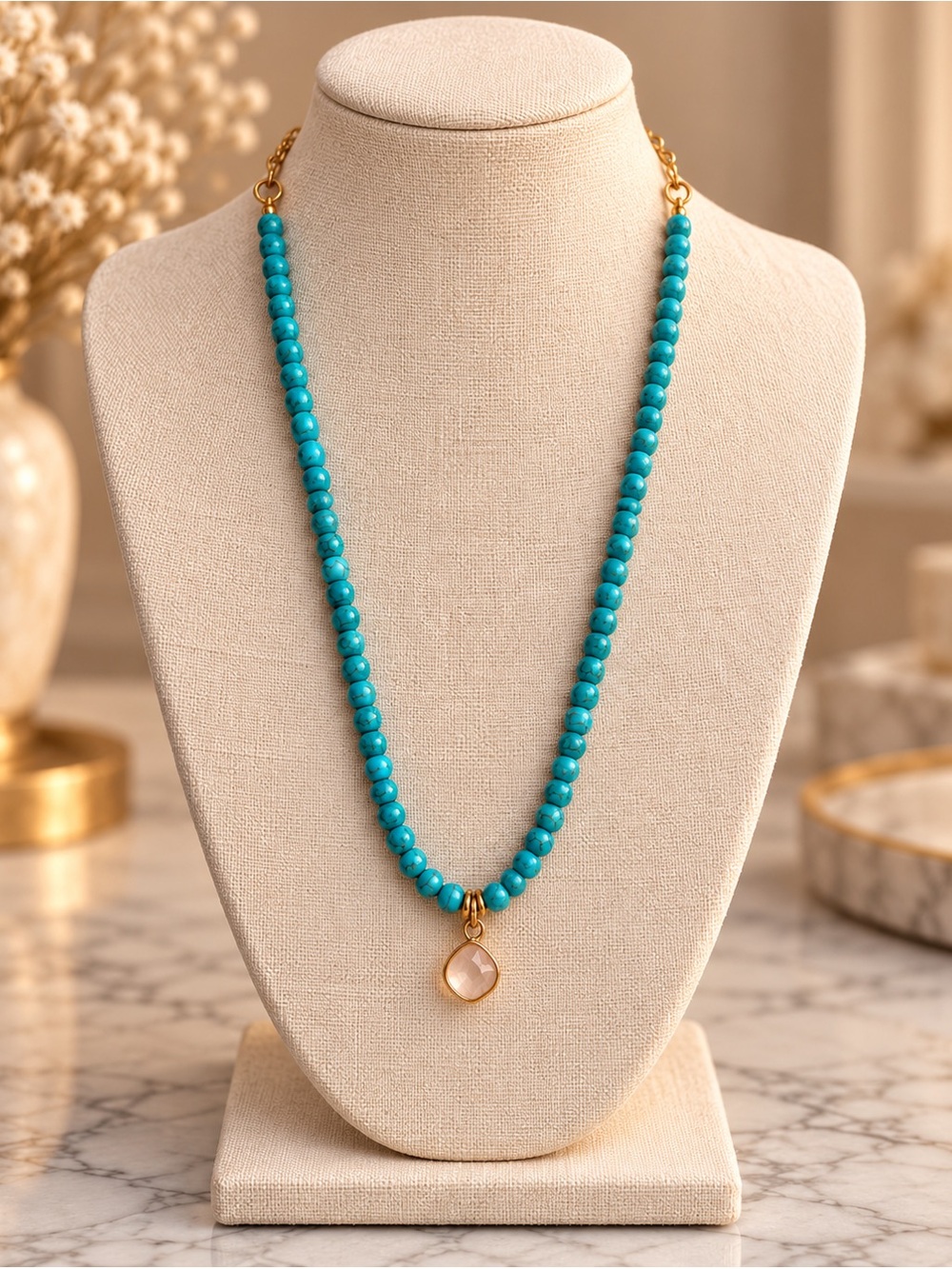 Turquoise color glass Beaded Necklace with Gold Pendant